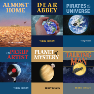 Covers of Almost Home, Dear Abbey, Pirates of the Universe, The Pickup Artist, Planet of Mystery, and Talking Man books